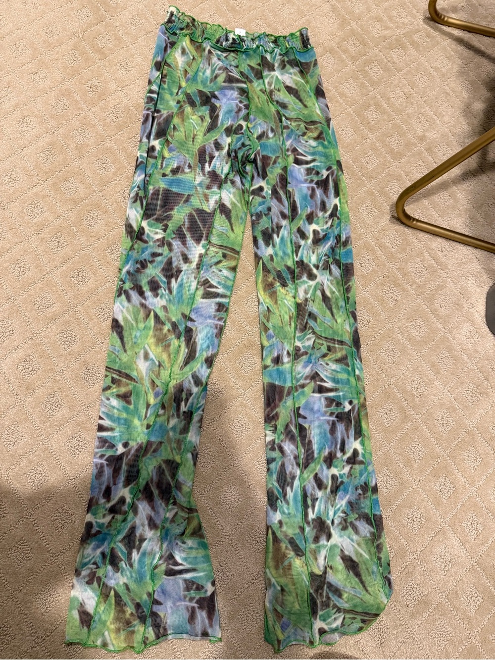 Tropical Leaf Print Mesh Flared Pants - Green Multicolor